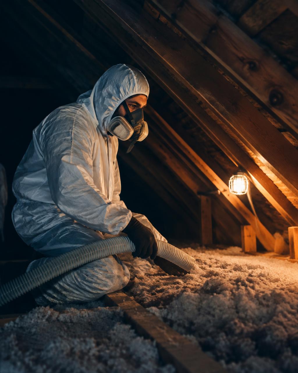 Attic restoration technician installing insulation